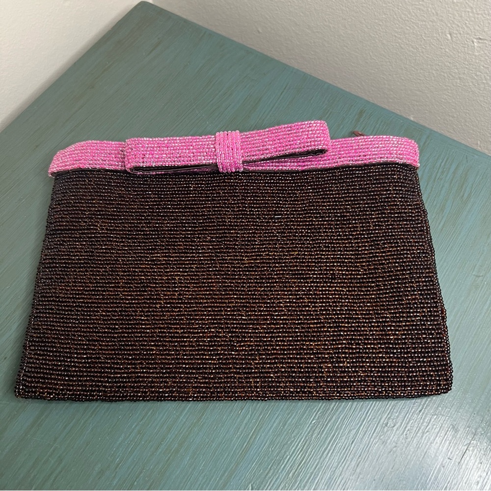 Seaglass Collection Beaded Clutch Pink Bow‎ Brown Bag